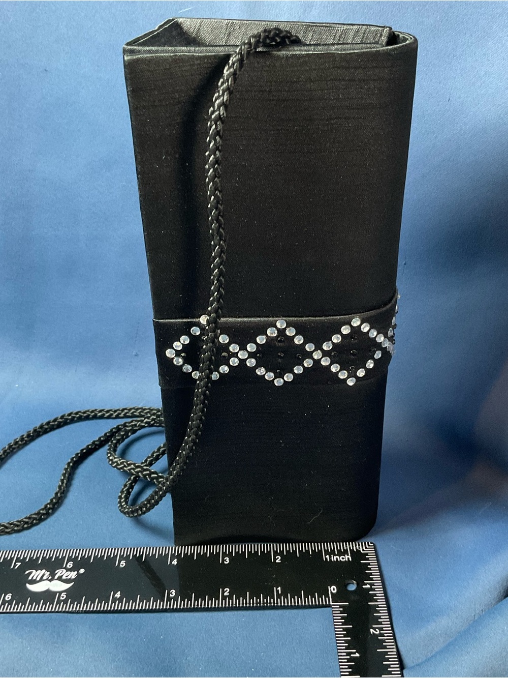 Black Satin Evening Clutch Purse Rhinestone Accent long Strap wedding Classic - Picture 7 of 8